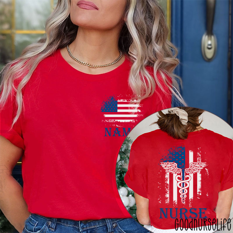 Personalized Name American Flag 4th Of July Nurse Two Sided T-Shirt