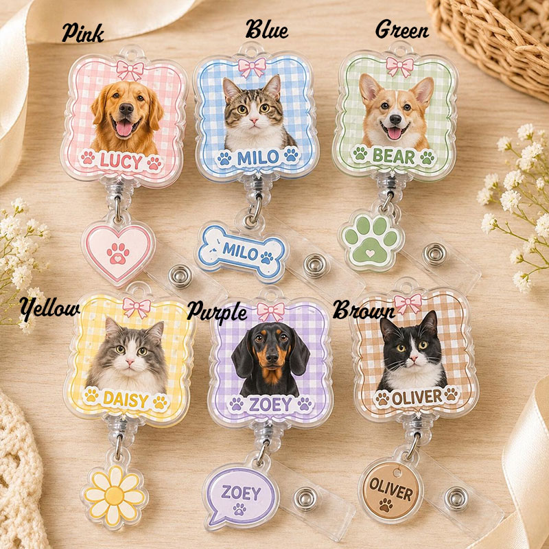 Personalized Pet Photo And Name Plaid Bow Badge Reel