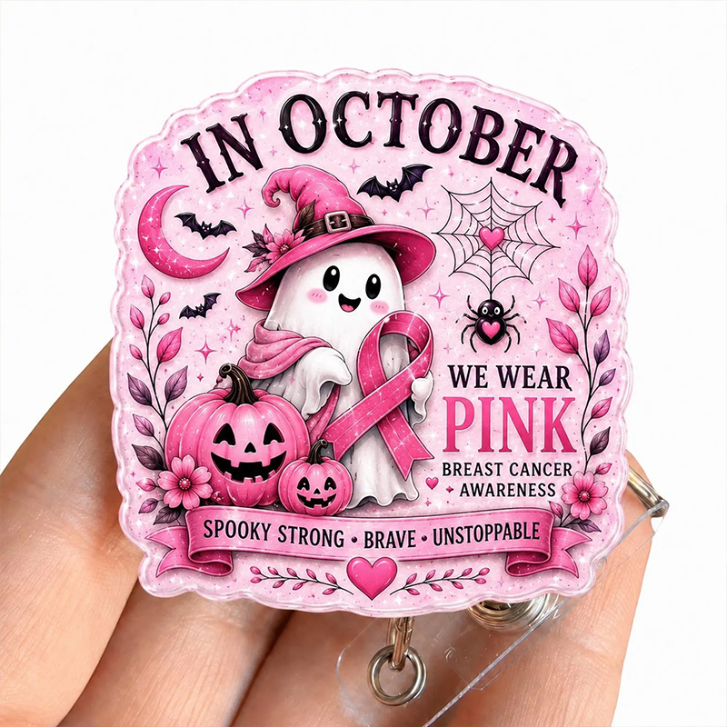 In October We Wear Pink Cute Ghost Pumpkin Halloween Glitter Acrylic Badge Reel