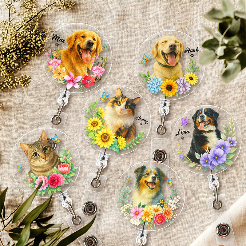 Personalized Pet Portrait Flowers Nurse Badge Reel