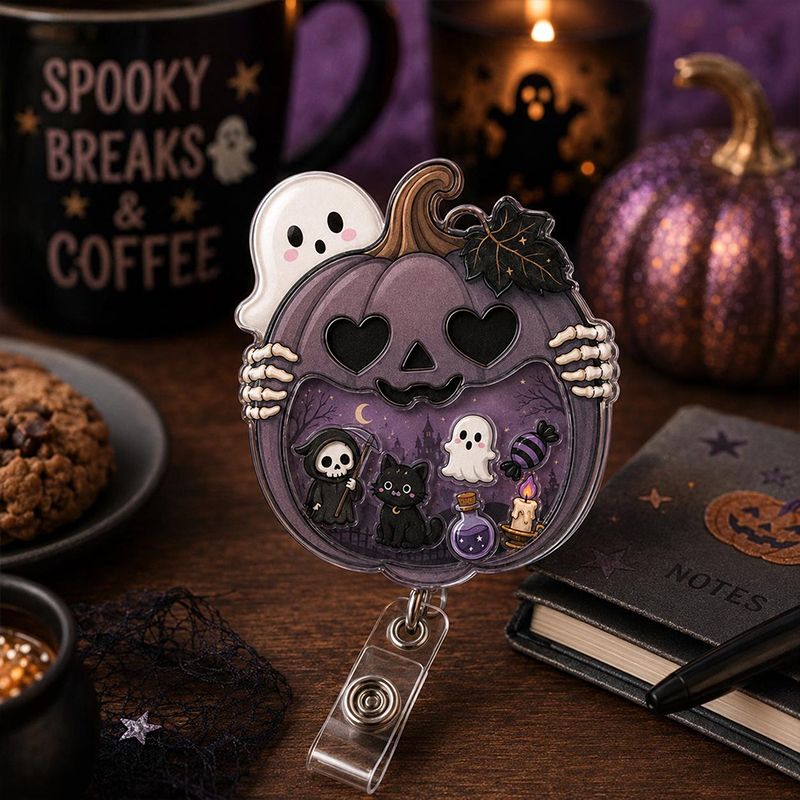 Halloween Pumpkin Ghost Nurse Shaker Badge Reel
