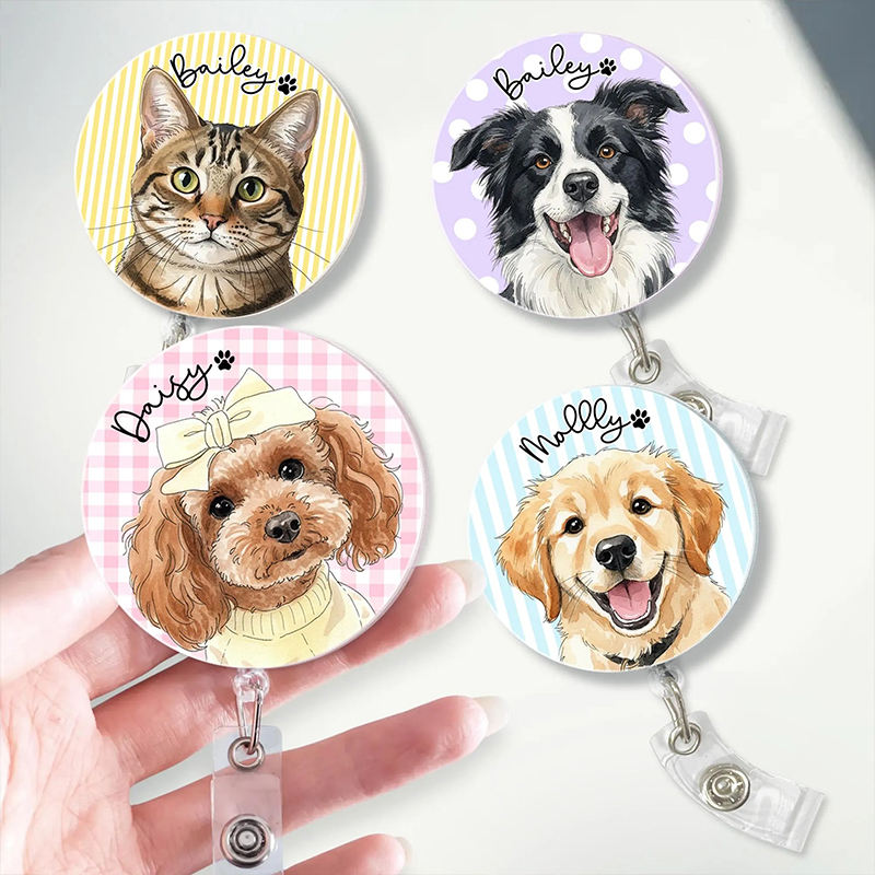Personalized Striped Pet Photo Nurse Badge Reel