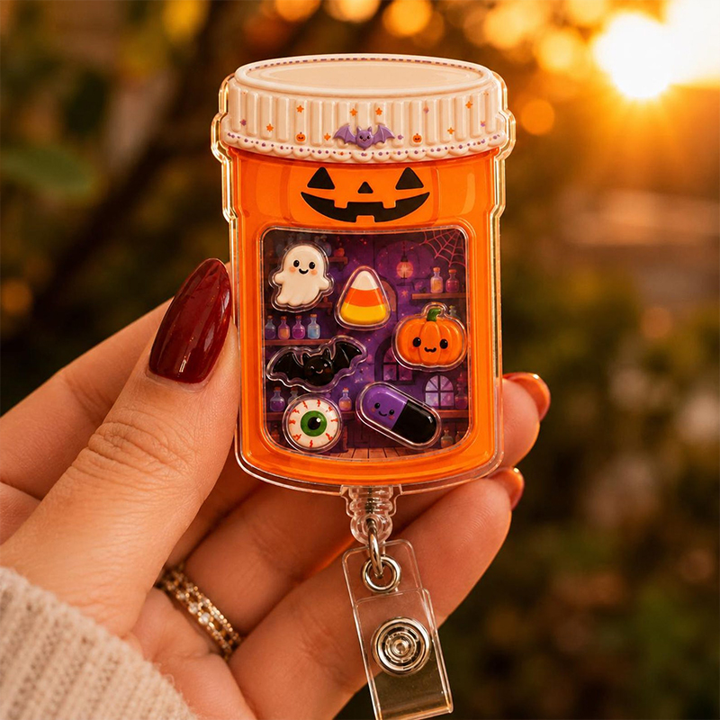 Halloween Pill Bottle Nurse Shaker Badge Reel