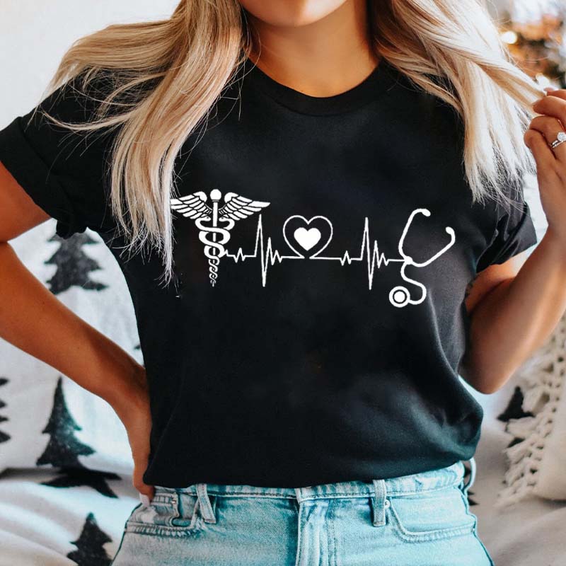 Rod Of Asclepius Heartbeat Nurse T-Shirt