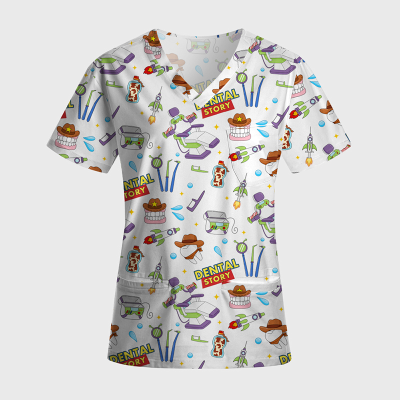 Dental Story All‑Over Print Medical Nurse Antimicrobial Scrubs Sets