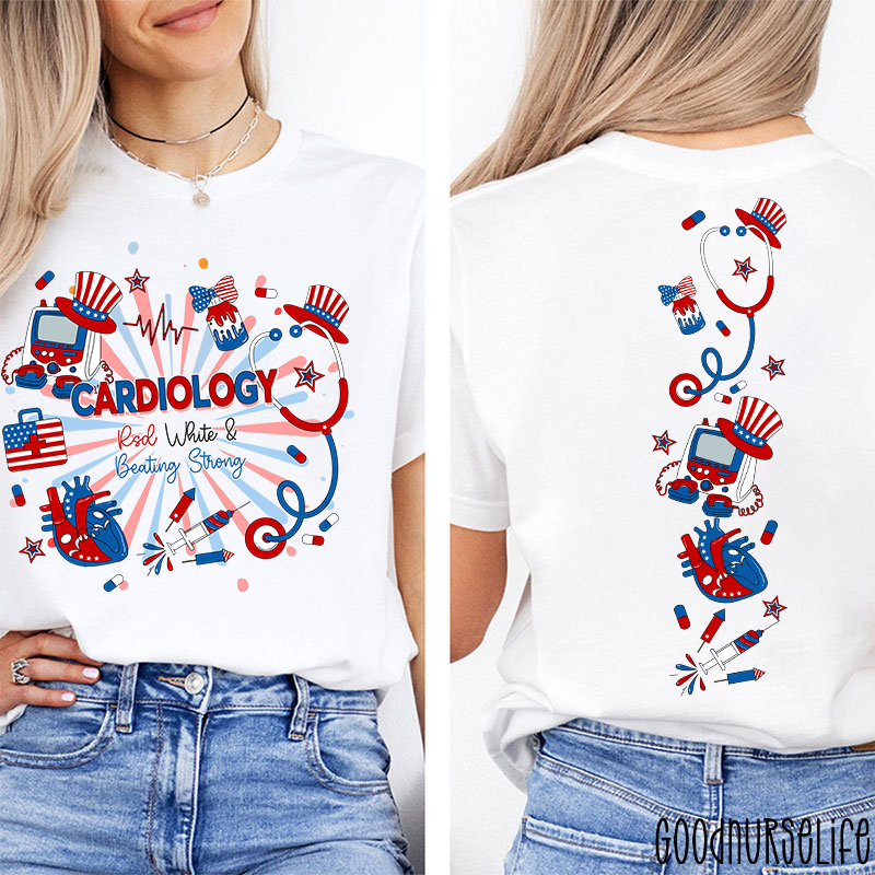 Cardiology Red White And Beating Strong Nurse Two Sided T-Shirt