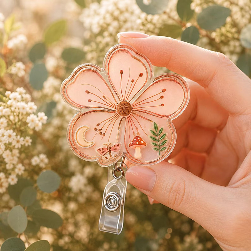 Cottagecore Flower Mushroom Shaker Badge Reel