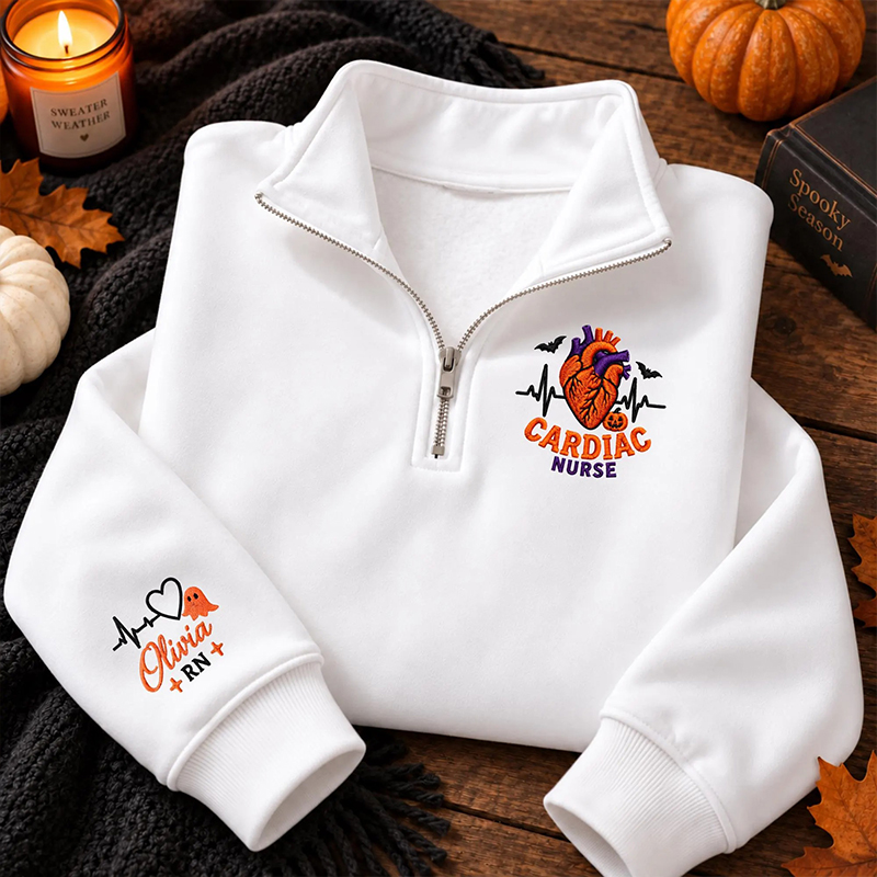 Personalized Halloween Heart Embroidered Quarter Zip Sweatshirt