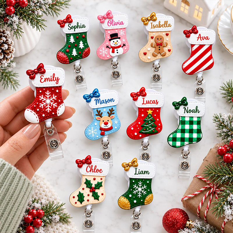 Personalized Faux 3D Christmas Socks Badge Reel