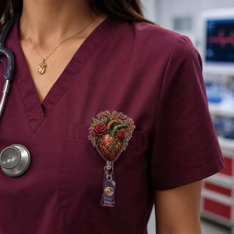 Anatomical Heart With Red Roses Nurse Badge Reel