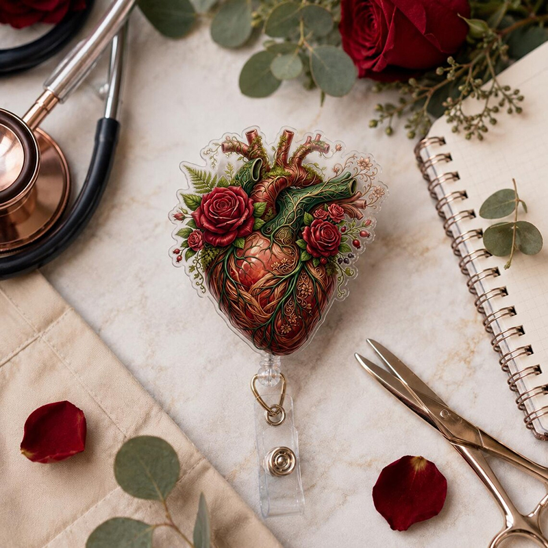 Anatomical Heart With Red Roses Nurse Badge Reel