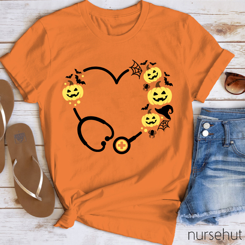 Halloween Pumpkin Stethoscope Heart Nurse T-Shirt