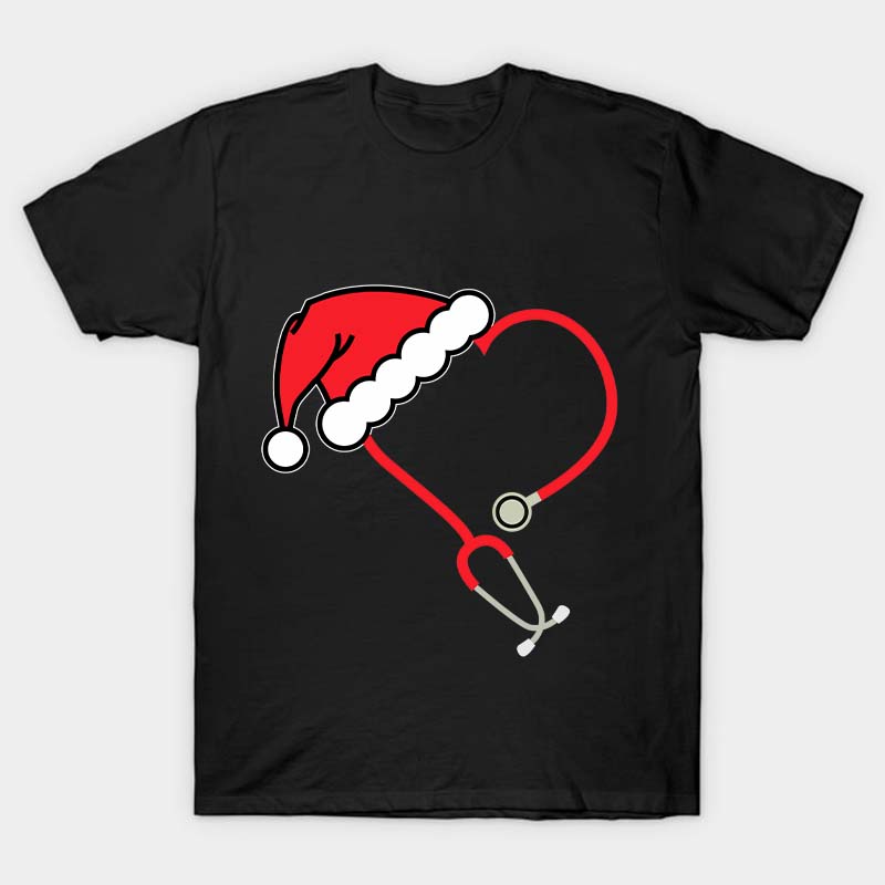 Heart Shaped Stethoscope With Santa Hat Nurse T-Shirt
