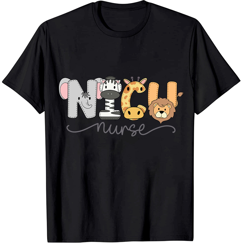 NICU Cartoon Zoo Animals Nurse T-Shirt