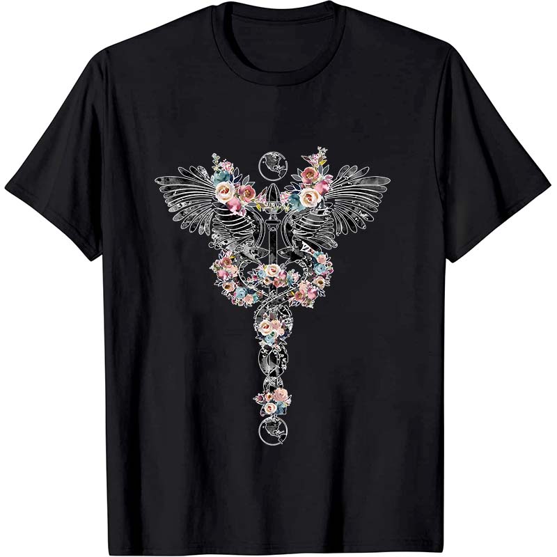 Floral Rod Of Asclepius Nurse T-Shirt
