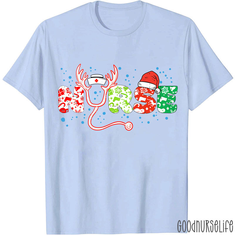 Christmas Icons Letters Reindeer Horns Nurse T-Shirt