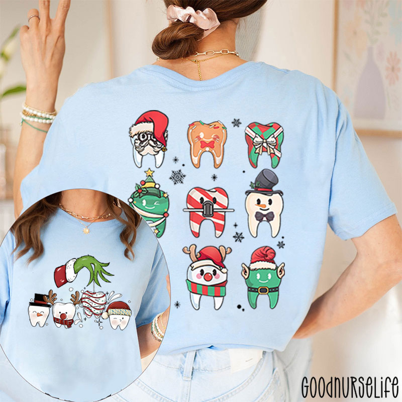 Santa Teeth Green Hand Christmas Nurse Two Sided T-Shirt
