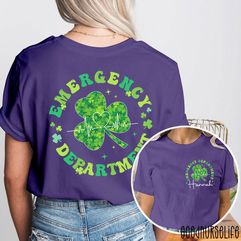 Personalized Green Clover Emergency Department Nurse Two Sided T-Shirt