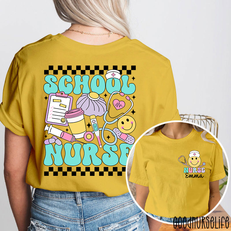Personalized Checkerboard Smiley Face School Nurse Two Sided T-Shirt