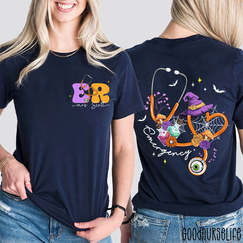 Personalized Halloween Stethoscope Emergency Two Sided T-Shirt