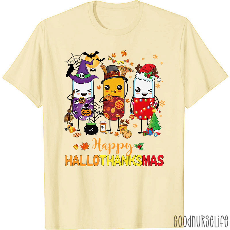 Pharmacy Holiday HalloThanksMas Pill Characters T-Shirt
