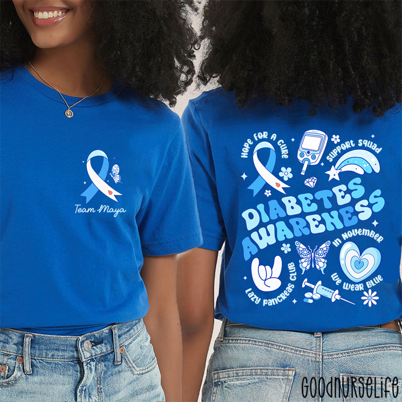 Personalized Festive Blue Diabetes Awareness Two Sided T-Shirt