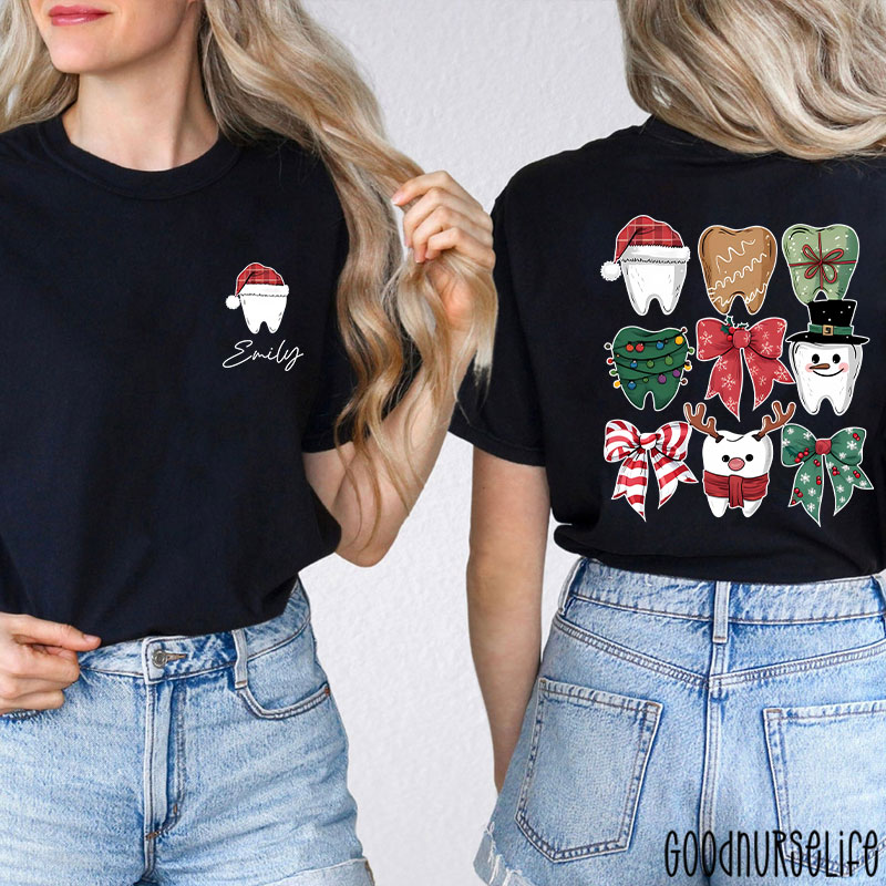 Personalized Christmas Dental Festive Tooth Nurse Two Sided T-Shirt