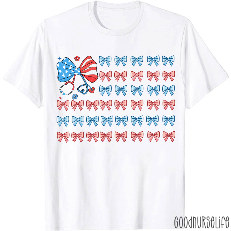American Flag Patriotic 4th Of July Coquette Bow Nurse T-Shirt