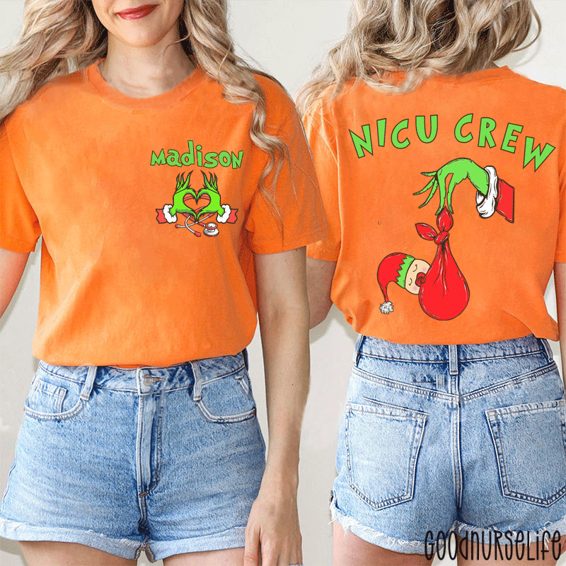 Personalized Name Holiday NICU Crew Nurse Two Sided T-Shirt