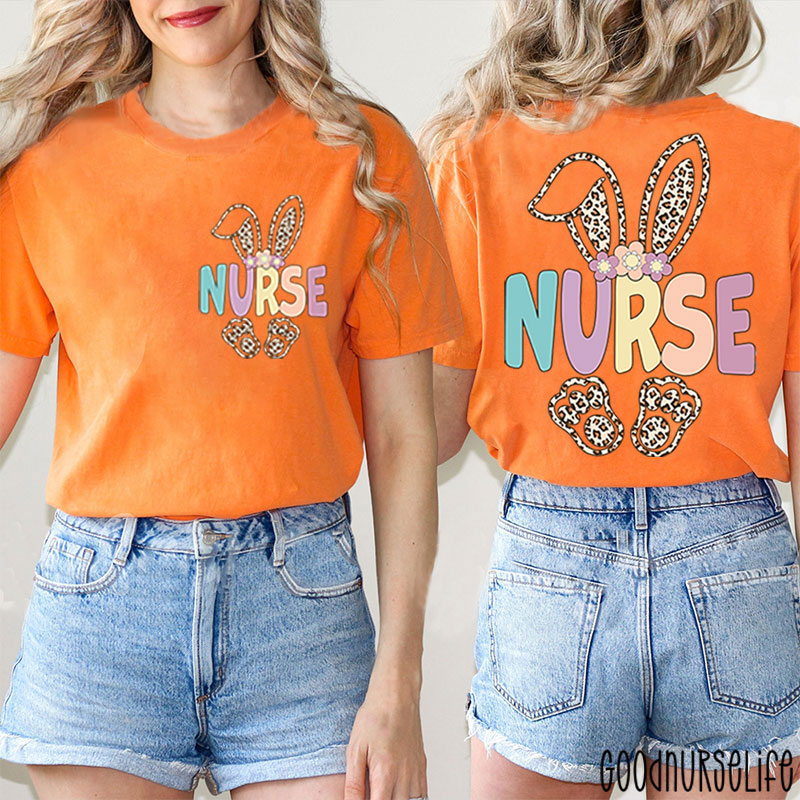 Leopard Bunny Hoppy Easter Nurse Two Sided T-Shirt