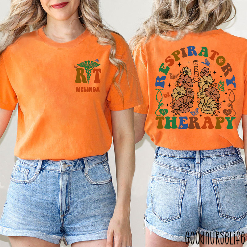 Personalized Name Flower Respiratory Therapy Two Sided T-Shirt
