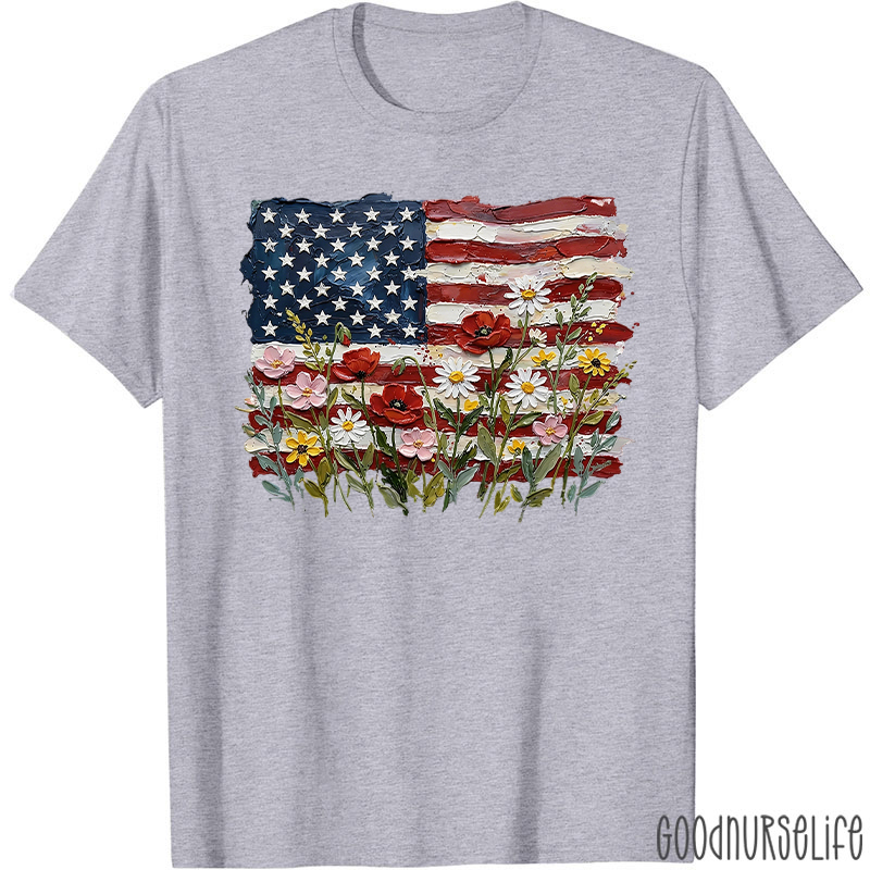 American Flag Floral Nurse T-Shirt