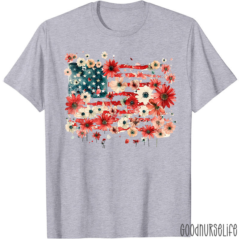 American Flag Floral Nurse T-Shirt