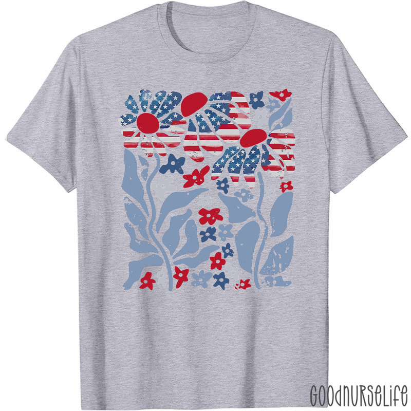 Boho Patriotic Daisy American Flag Floral Nurse T-Shirt