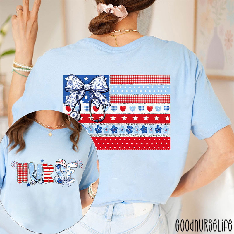 American Flag Floral Nurse Two Sided T-Shirt