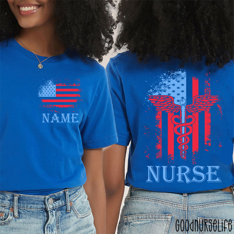 Personalized Name American Flag 4th Of July Nurse Two Sided T-Shirt