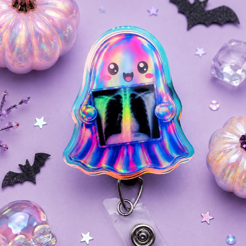Cute Ghost Holding X‑Ray Scan Halloween Acrylic Badge Reel