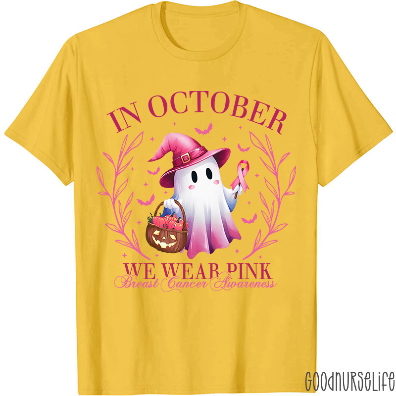 In October We Wear Pink Breast Cancer Awareness Cute Ghost Nurse T-Shirt