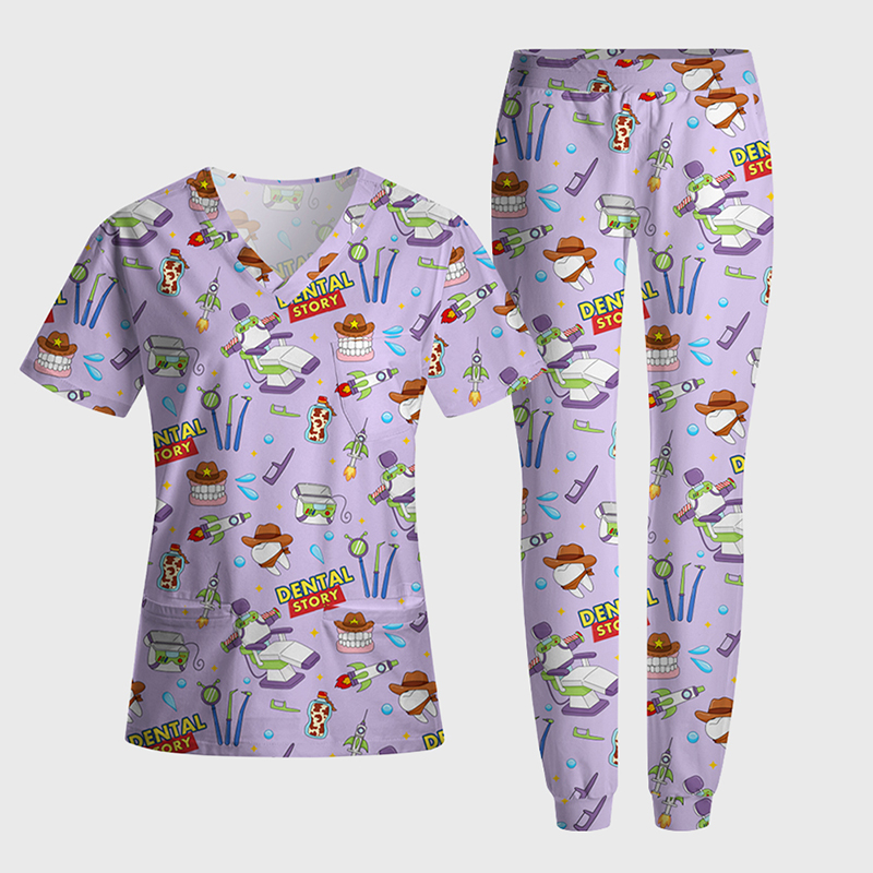 Dental Story All‑Over Print Medical Nurse Antimicrobial Scrubs Sets
