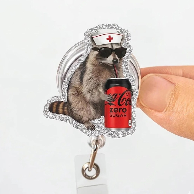 Raccoon Diet Coke Nurse Badge Reel