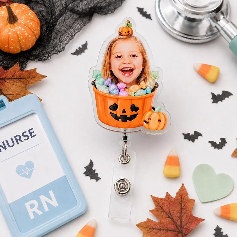Personalized Photo Halloween Pumpkin Bat Witch Hat Nurse Badge Reel