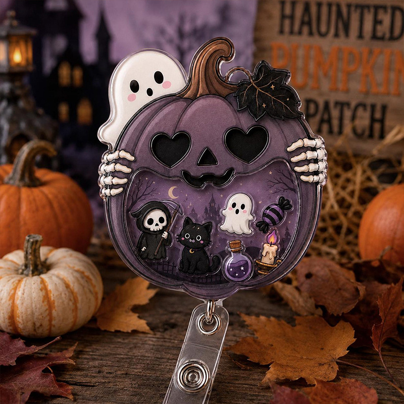 Halloween Pumpkin Ghost Nurse Shaker Badge Reel