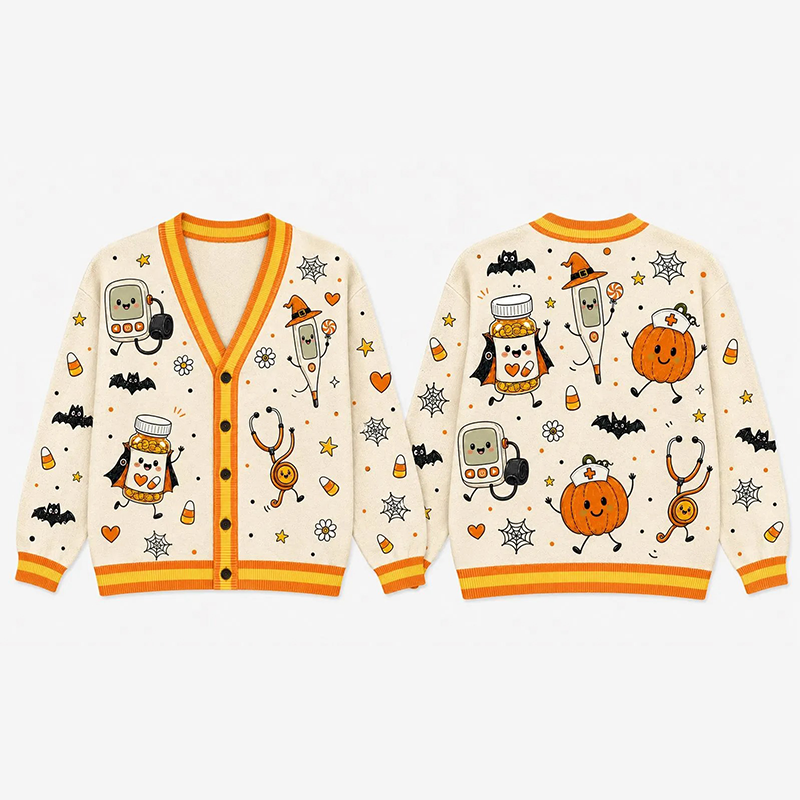 Halloween Medical Cartoon Pumpkin Nurse Ugly Cardigan Sweaters