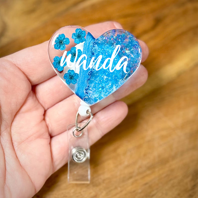 Personalized Name Pressed Flower Heart Nurse Badge Reel