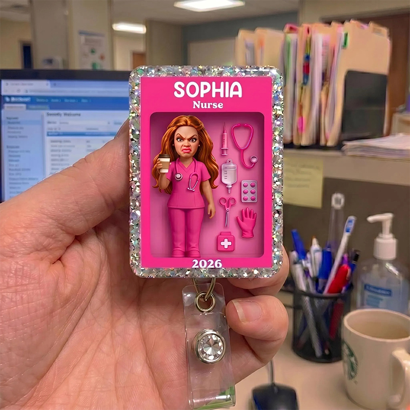 Personalized Funny Face Doll Nurse Badge Reel