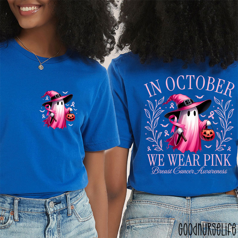 Halloween Beautifully Ghost Picture Breast Cancer Awareness Two Sided T-Shirt