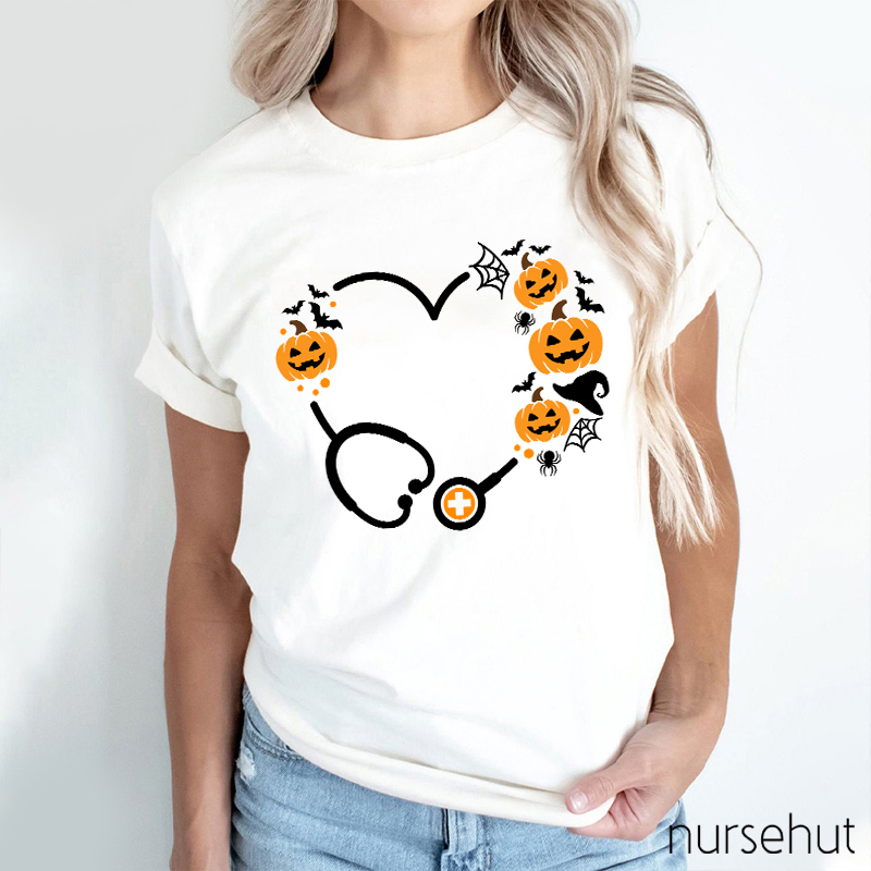 Halloween Pumpkin Stethoscope Heart Nurse T-Shirt