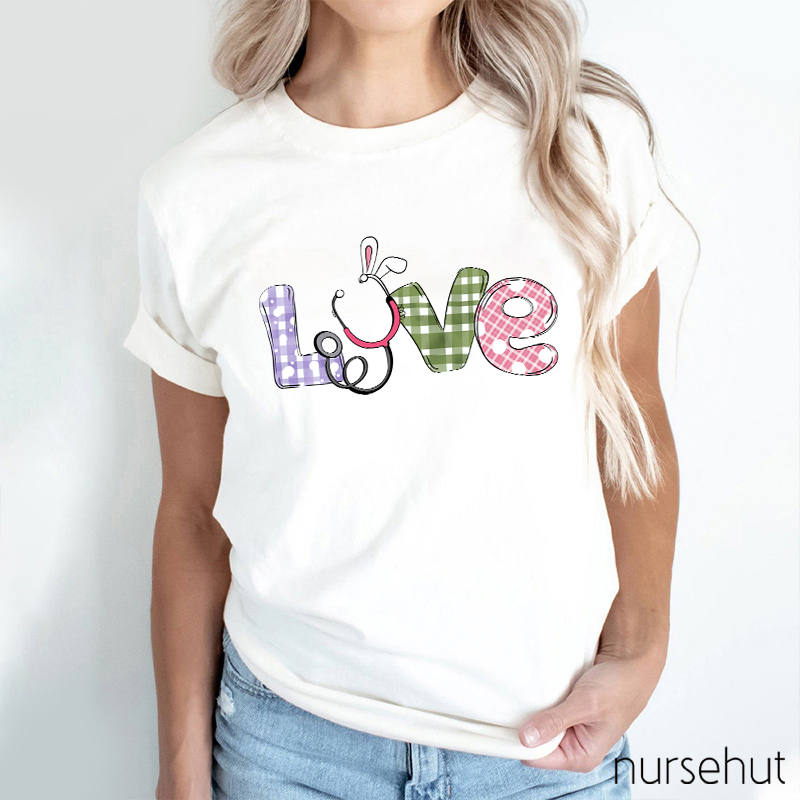 Colorful Plaid Bunny Ears Nurse T-Shirt