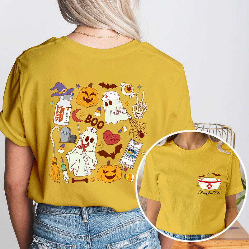 Personalized Name Halloween Boo Nurse Two Sided T-Shirt