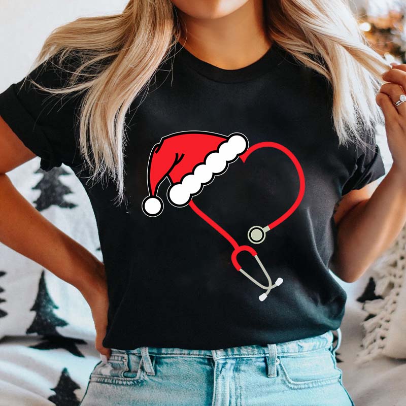Heart Shaped Stethoscope With Santa Hat Nurse T-Shirt
